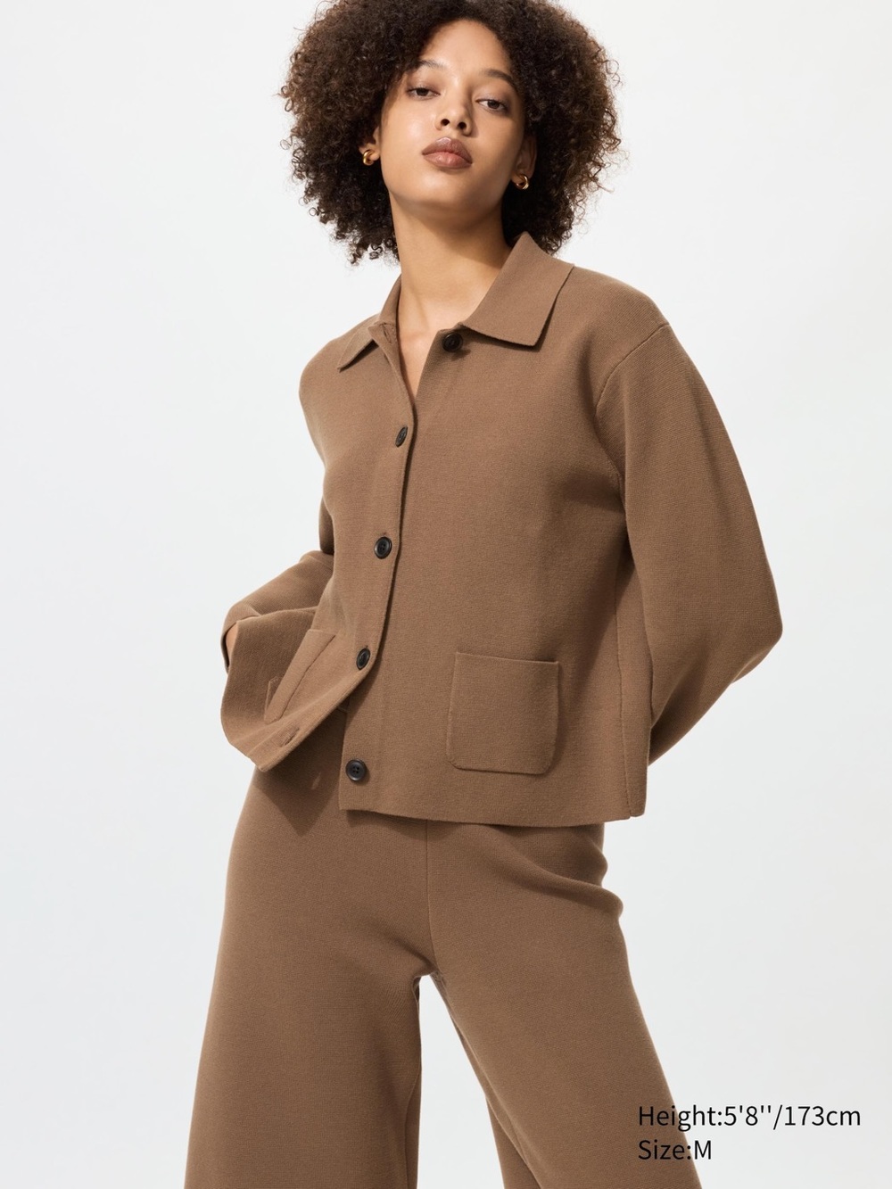 Two-Piece Set Uniqlo Washable Milano Ribbed Brown Button-Front Jacket and Pants